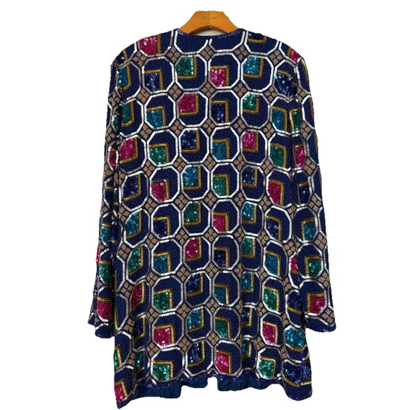 VTG i magnin 100% Silk Sequined Jewel Tone Dress Coat by Judith Ann Creations L - Picture 4 of 16